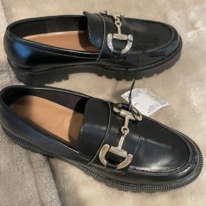 Black Chunky Platform Loafers with Gold Buckles